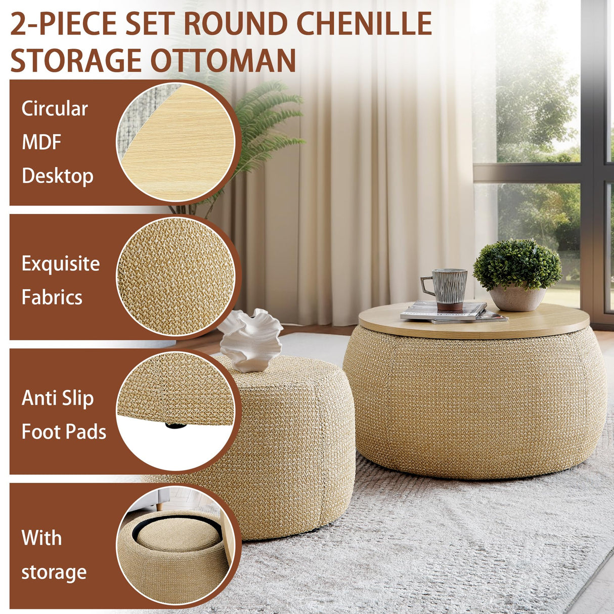Chorlenimi Ottoman with Storage Round Footstool Stool Small Ottoman with Storage Foldable Ottomans Foot Rest Footstool Bench Wooden Lid for Living Room(Natural, 25'') Chorlenimi