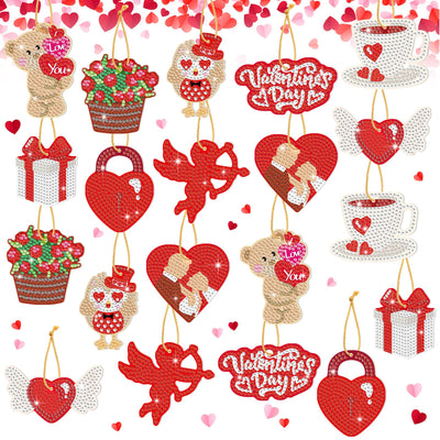 20 Pieces Valentine‘s Day DIY Diamond Painting Tags Valentine Art Carft Hanging Ornament for Decoration 5D Bear Heart Diamond Painting Key Chain for Adults,Valentine‘s Day Party Favor Kits