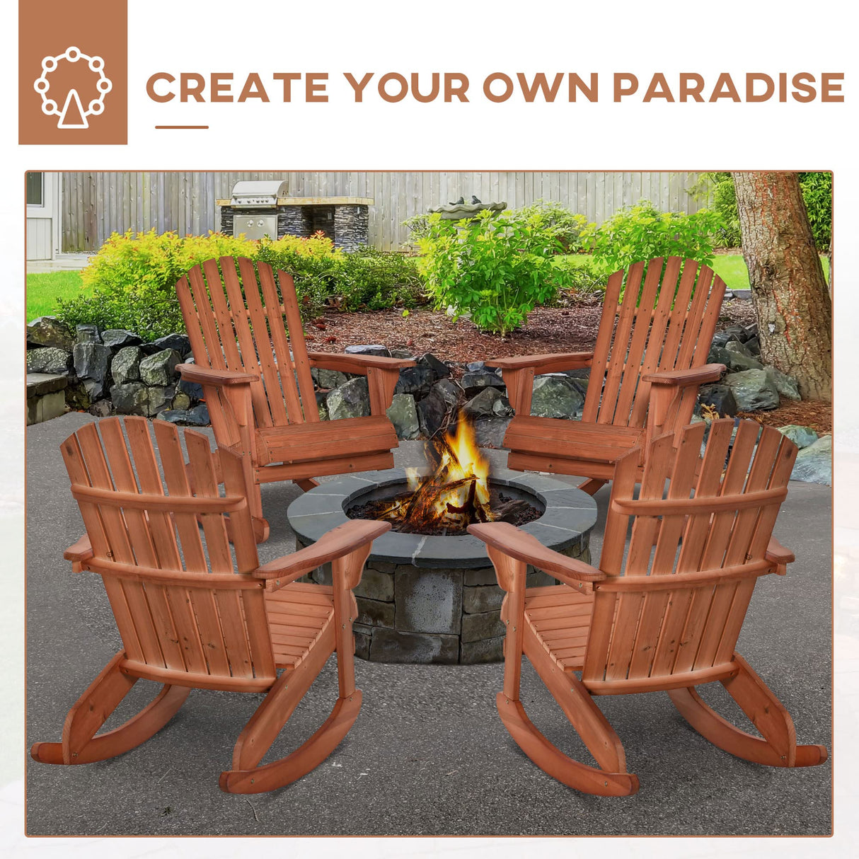 Outsunny Wooden Adirondack Rocking Chair Outdoor Lounge Chair Fire Pit Seating with Slatted Wooden Design, Fanned Back, & Classic Rustic Style for Patio, Backyard, Garden, Lawn, Teak Outsunny