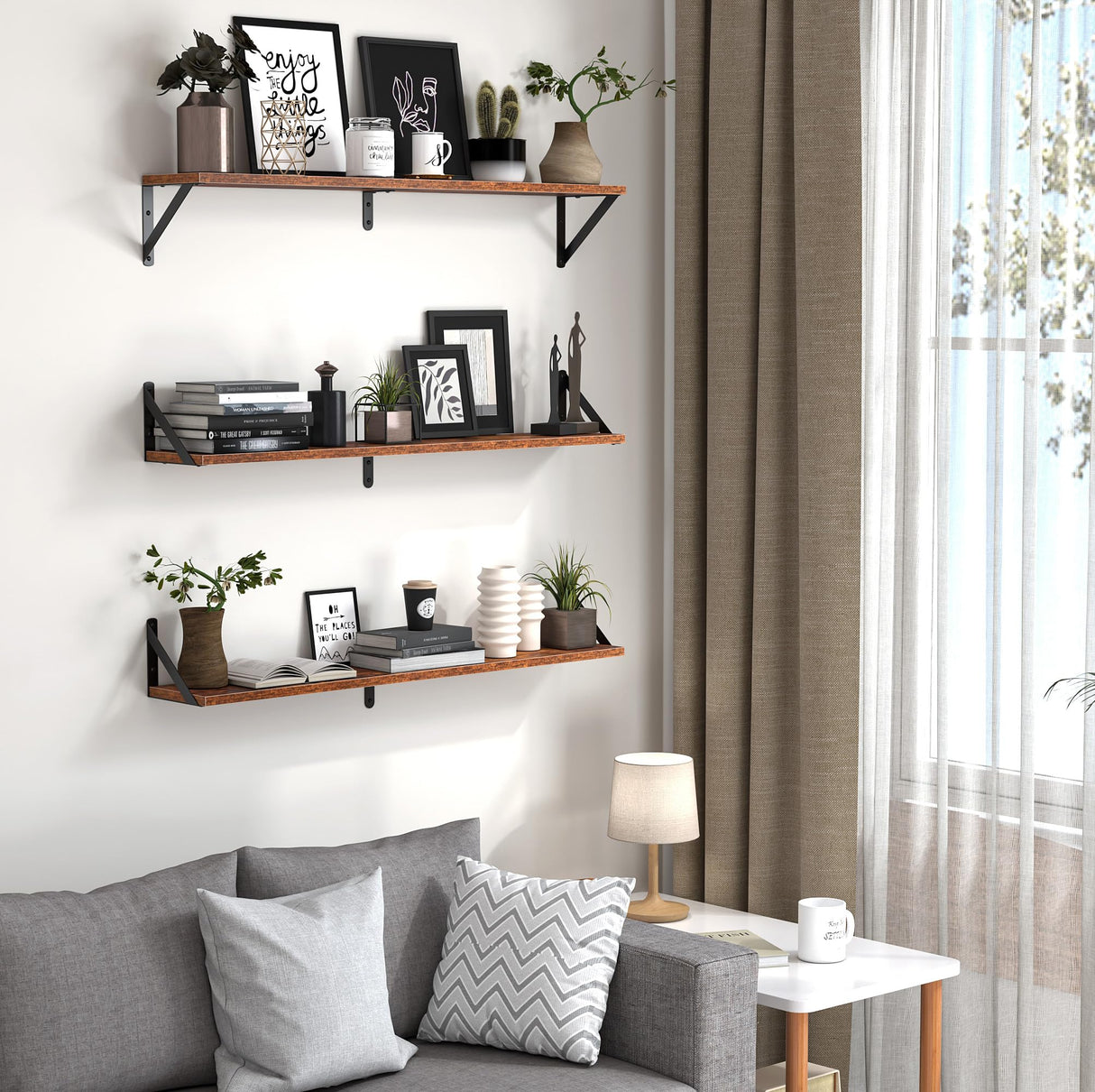 Heimlove Floating Shelves for Wall, 36 Inch Long Wood Floating Bookshelf Set of 3, Wall Mounted Hanging Shelf for Bathroom Bedroom Kitchen, Rustic Brown Heimlove