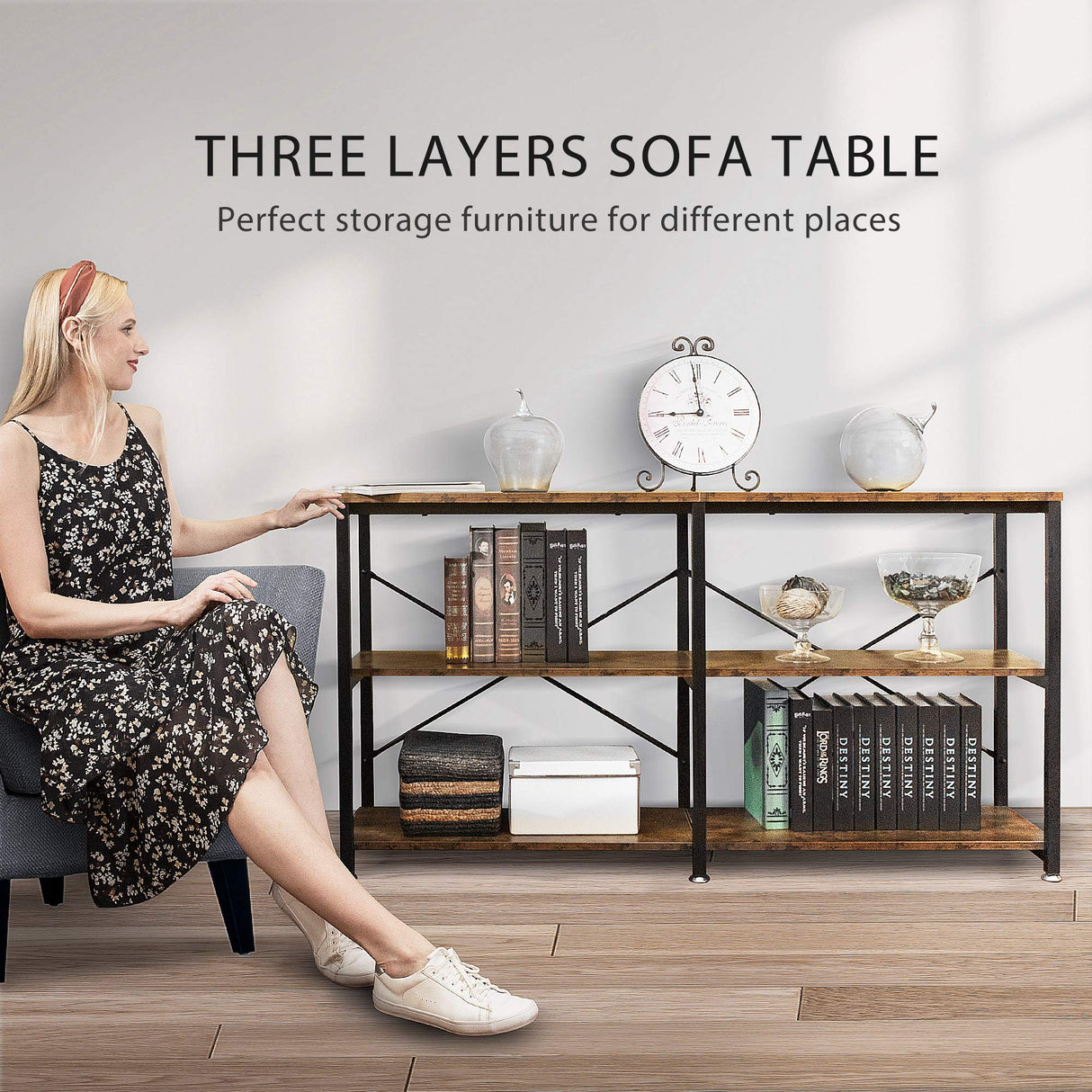 VIVOHOME 55 Inch Entryway Console Table, Narrow Industrial Sofa Table Behind Couch with 3-Tier Storage Shelves, Metal Frame, Easy Assembly, for Hallway, Living Room VIVOHOME