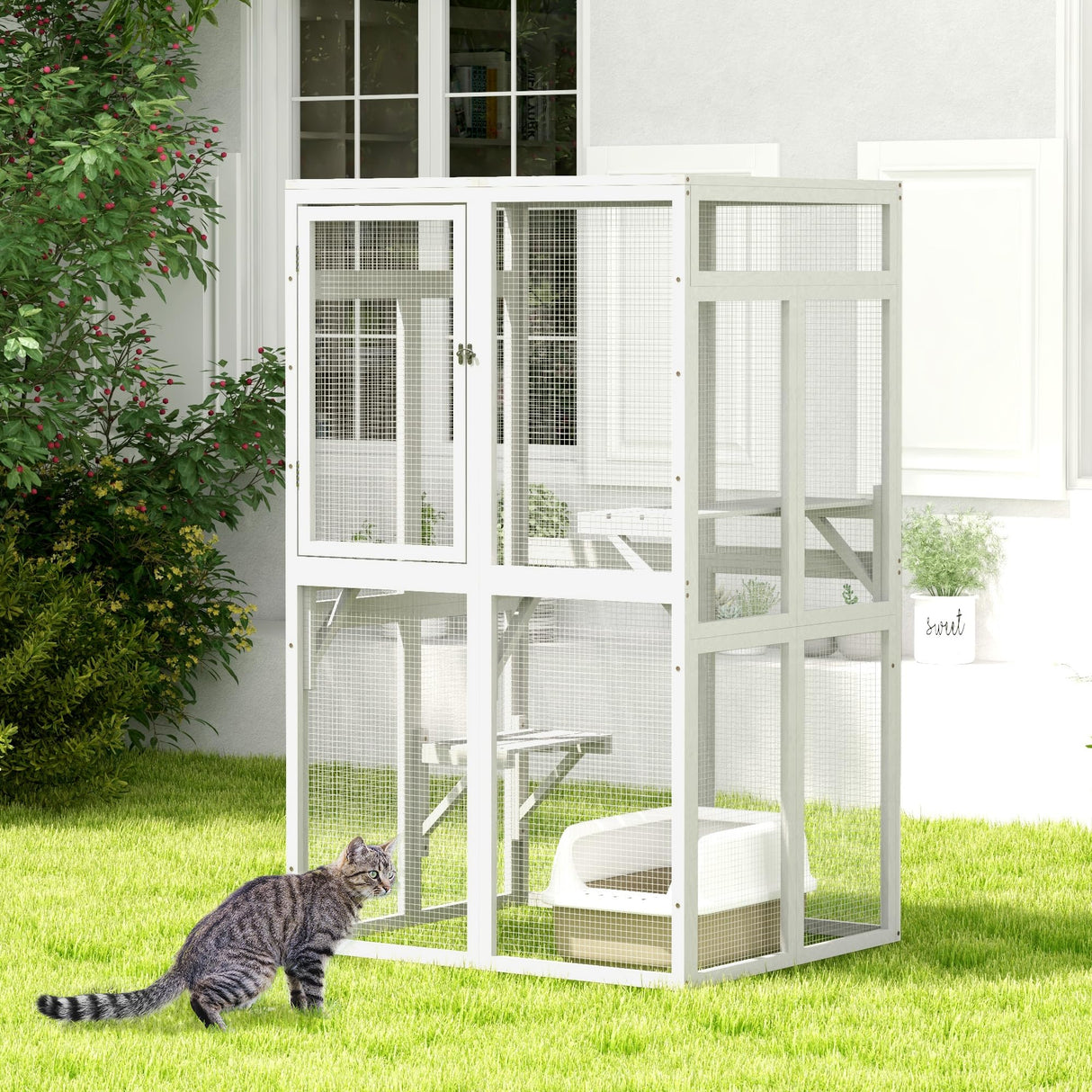 COZIWOW Catio Outdoor Cat Enclosure Window Access, Wooden Cat House Shelter, Kitty Cage with 3 Platforms for Patio Indoor (White) COZIWOW