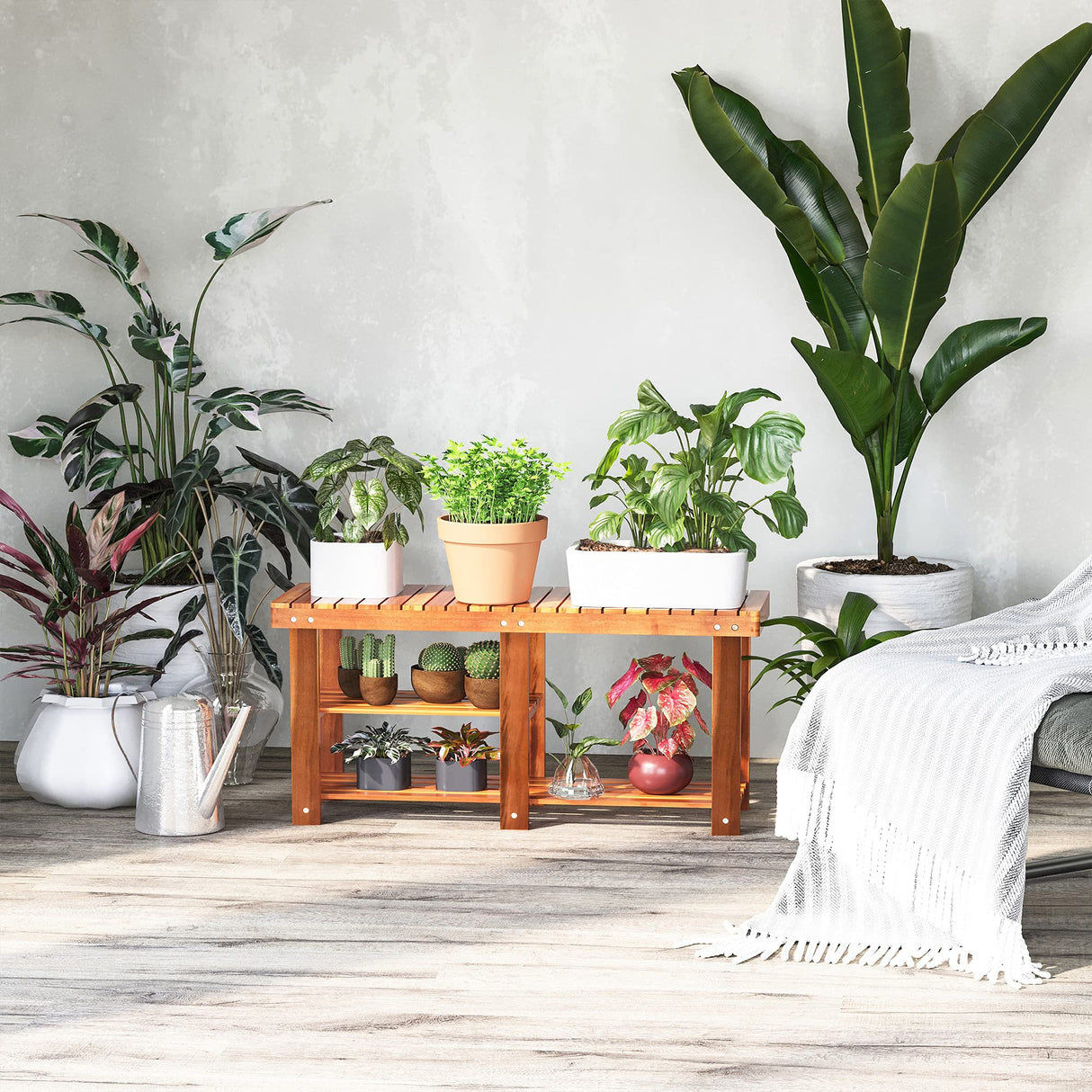 HOMCOM 3-Tier Shoe Rack Bench, Acacia Wood Shoe Organizer, Rustic Entryway Bench with Storage Shelves for Entryway, Hallway, Livingroom, Teak HOMCOM