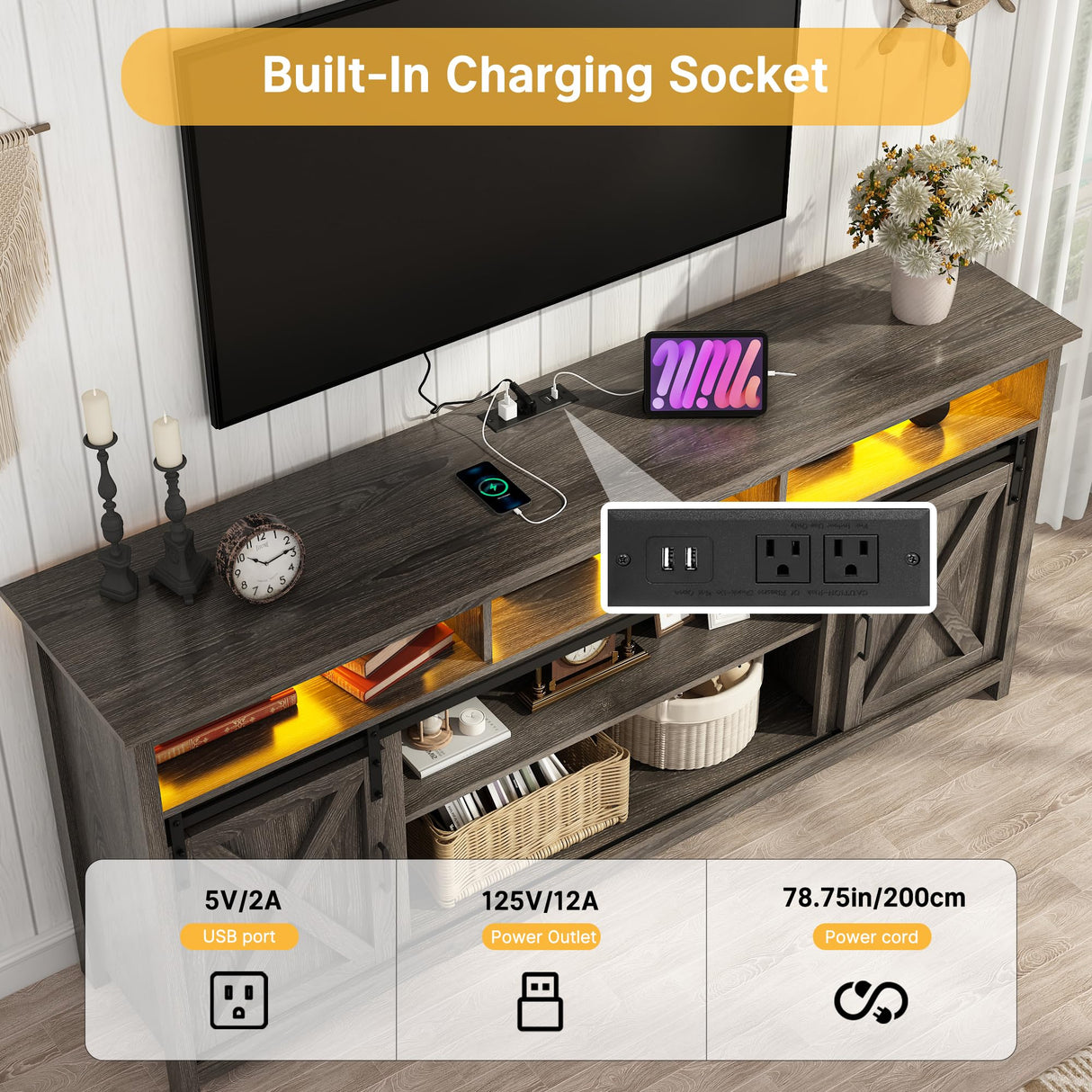 Vinctik 6&Fox 70in Wooden Farmhouse Entertainment Center for 80/75 inch TV,Double Layer Storage Farmhouse TV Stand,Double-Row Sockets with Wood Sliding Barn Door TV Stand(Double Layer Grey Wash) Vinctik 6&Fox