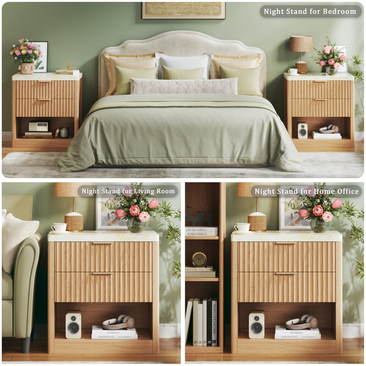 Fluted Nightstand with 2 Drawers, 24'' Night Stand with Wireless Charging Station, Mid Century Modern Side Table with Faux Marble Top, Large Wooden Bedside End Table for Bedroom, Oak HUAHUU