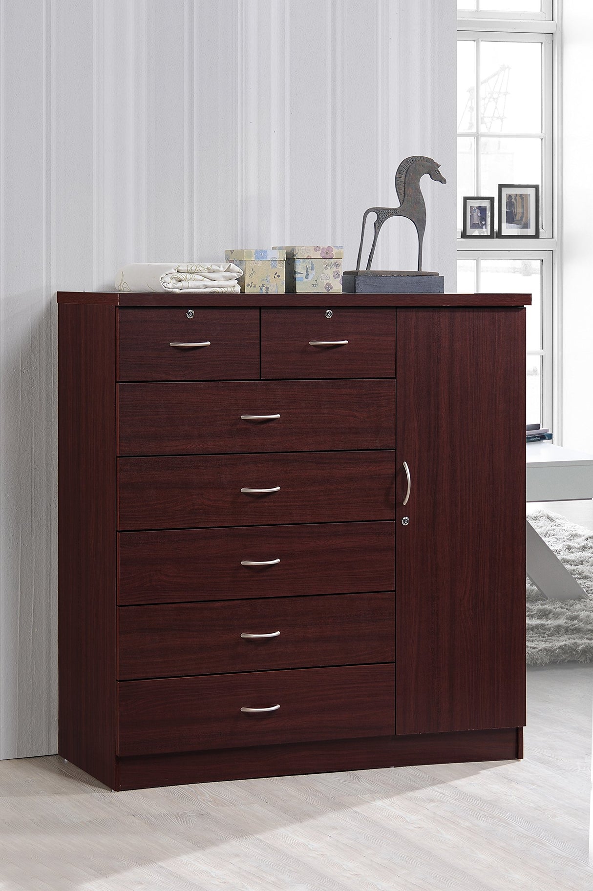 Hodedah 7 Drawer Jumbo Chest, Five Large & Two Smaller Drawers with Two Lock, Hanging Rod, and Three Shelves | Mahogany, 17.76" D X 47.24" W X 48.39" H Hodedah