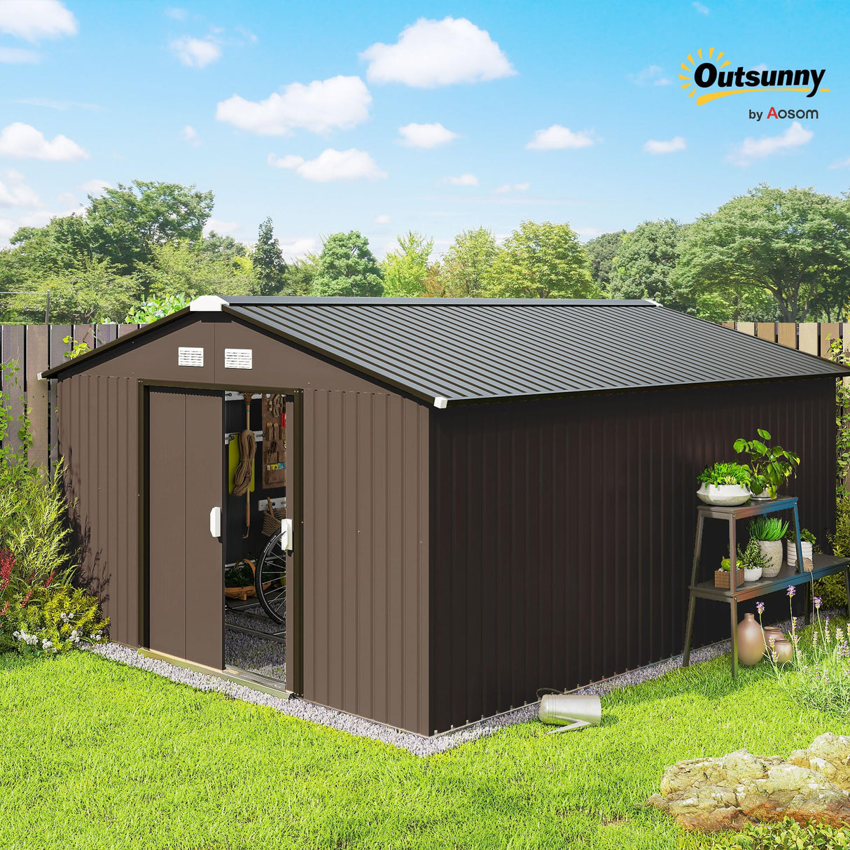 Outsunny 11' x 13' Outdoor Storage Shed, Garden Tool Metal Shed with Foundation Kit, Double Lockable Door, Air Vents and Sloping Roof, for Backyard, Patio, Lawn, Brown Outsunny