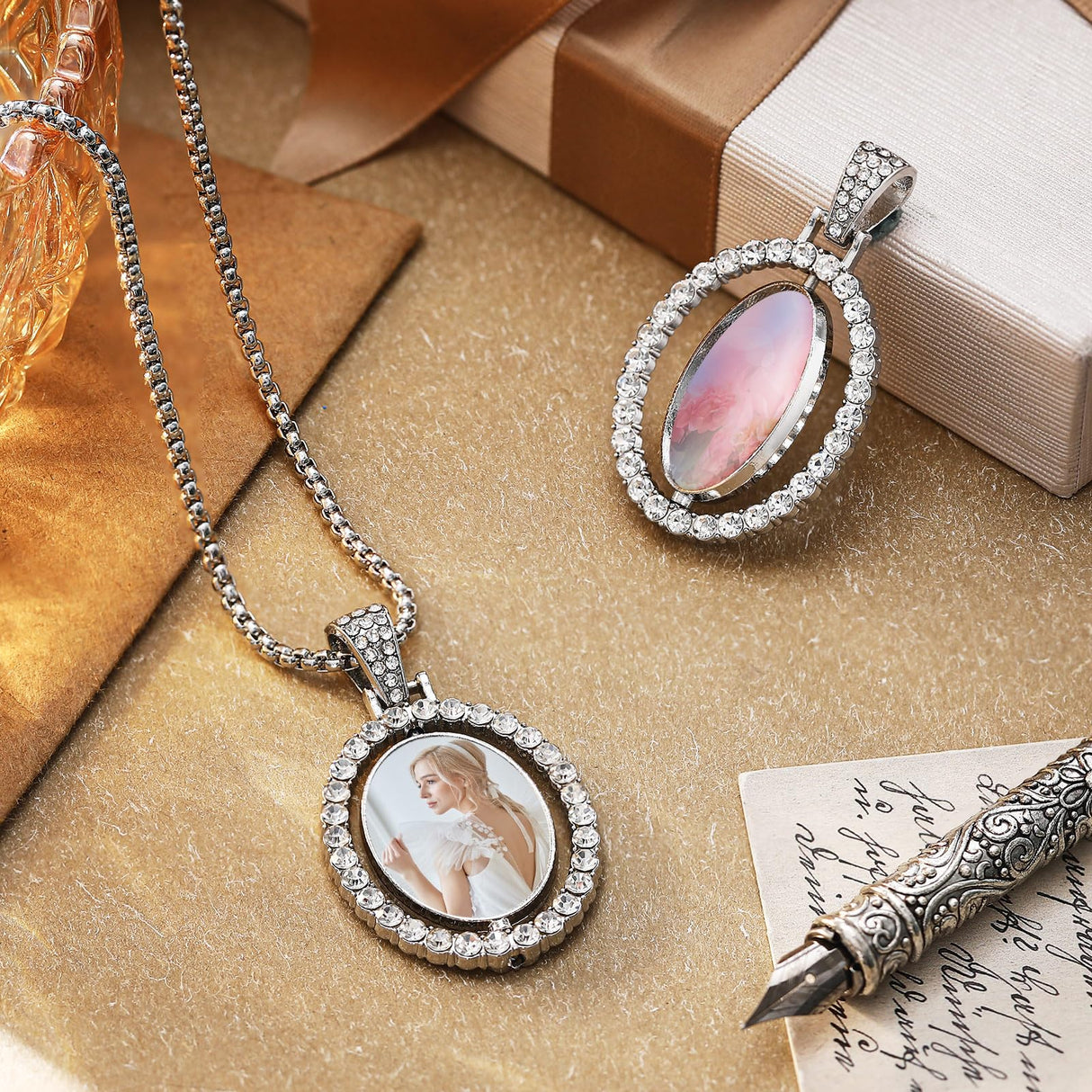 Junkin 24 Pcs Sublimation Rhinestone Trays Pendant Set, Including 6 Double Sided Blank Rhinestone Bezel Trays, 6 Pcs Thick Chains with 12 Sublimation Discs for Making (Multiple Style) Junkin