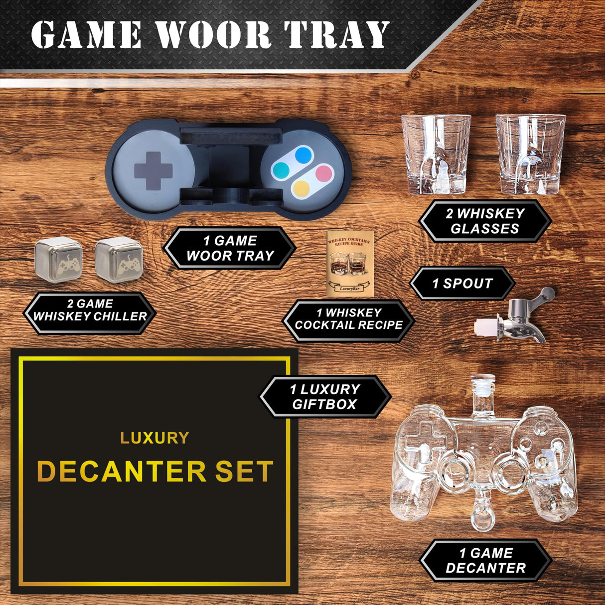 Game Whiskey Decanter Set,28oz Whiskey Decanter Sets for Men with Spout IceCube Tray,Liquor Dispenser Whiskey Gifts for Men Bourbon Gifts for Men Gamer Gifts for Boyfriend Gifts For Him Husband Dad LuxuryBar
