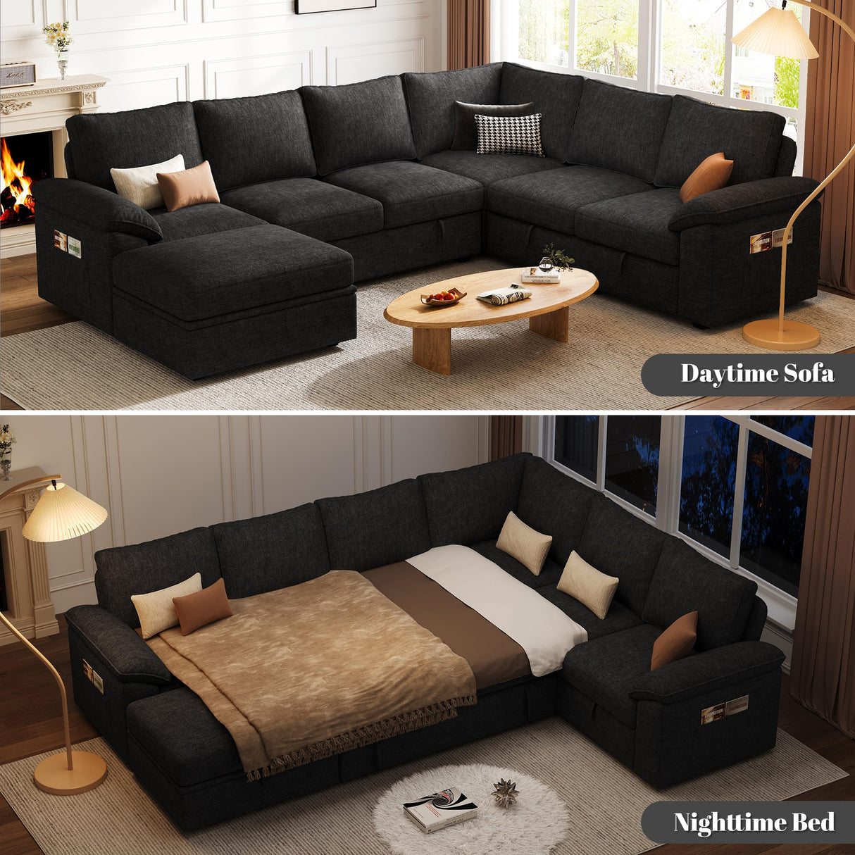 SUAWY 108 Inch Modular Sectional Sofa with Pull Out Bed, U Shaped 7 Seat Sectional Sleeper Sofa with Storage, Sectional Couches for Living Room,Cloud Modular Couch, Removable Sofa Cover, Black SUAWY