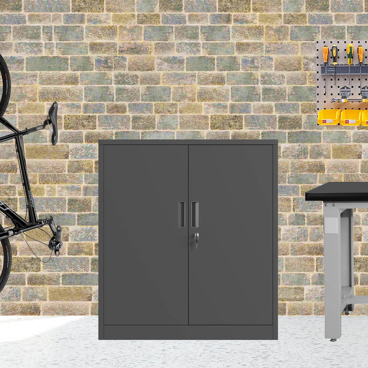 JINKUR Metal Storage Cabinet with Locking Doors and 2 Adjustable Shelves, Small Lockable Steel Storage Cabinets for Home Office Garage Kitchen Pantry (Black) JINKUR