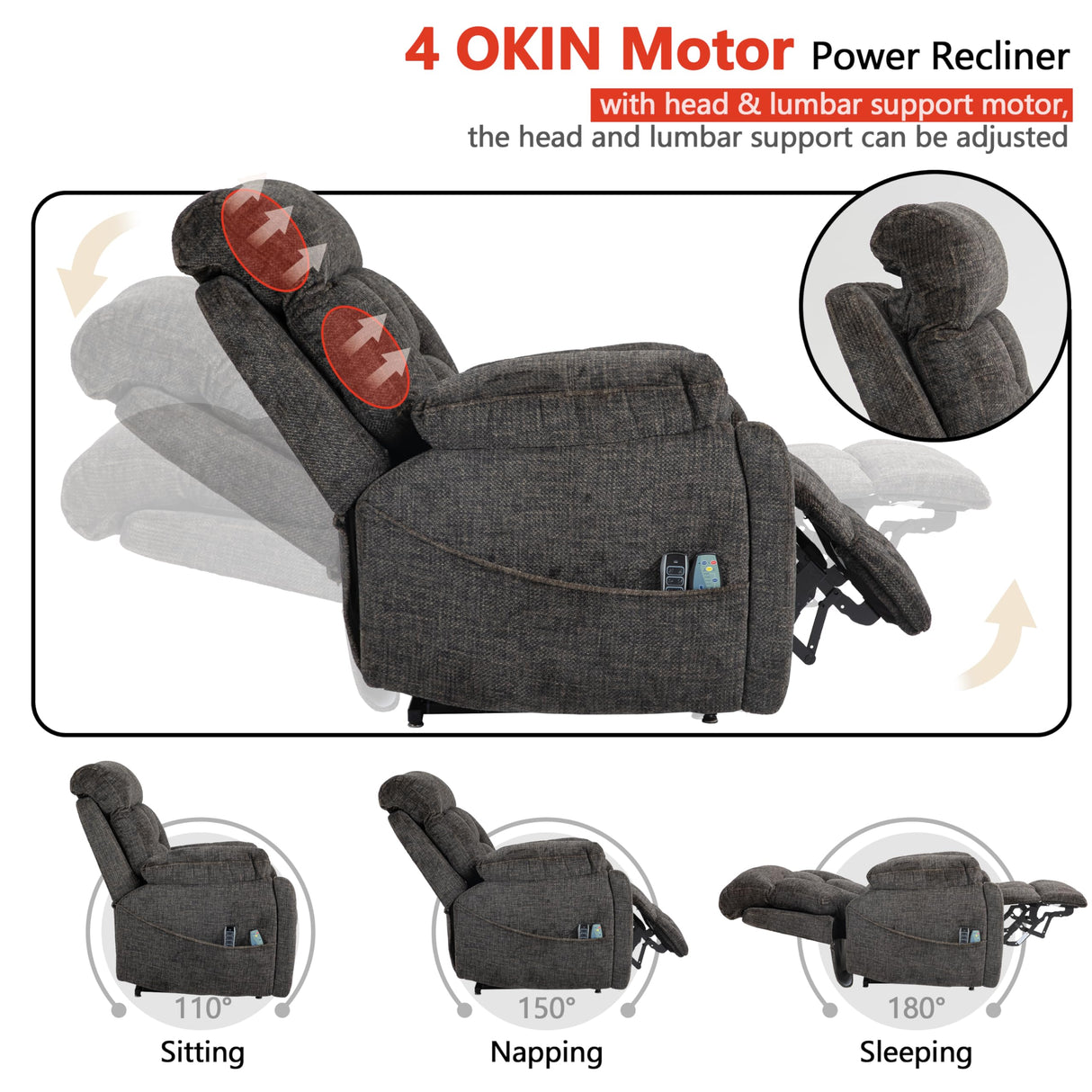 JIKFRIMA 4 OKIN Motor Power Lift Recliner Chair for Elderly Adults Extra Large Lay Flat Recliners with Massage Heat, Adjustable Head-Back-Lumbar-Leg-Support, Extended Footrest, 2 Cup Holders JIKFRIMA