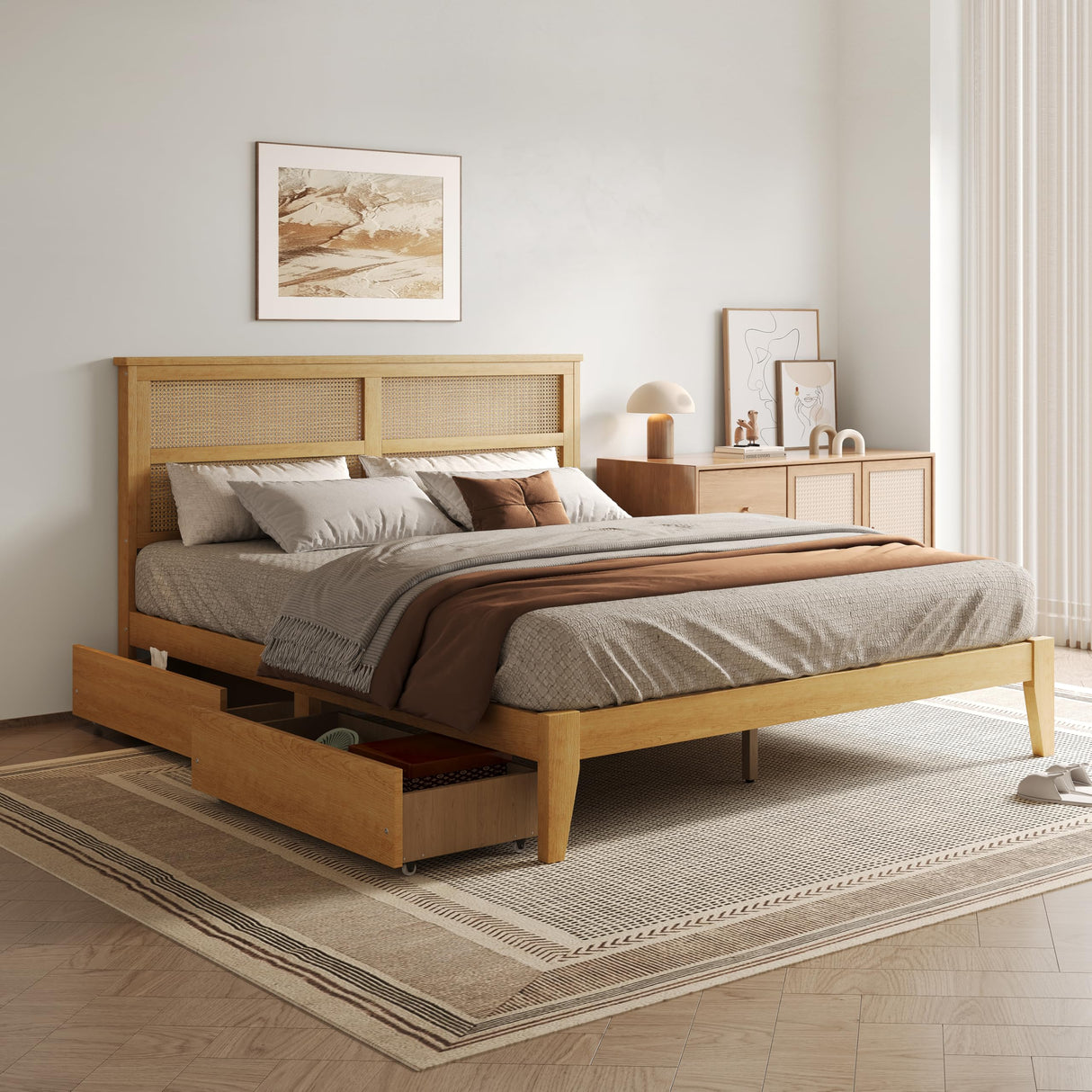 DEINPPA King Bed Frame Solid Rubber Wood Platform Bed with Rattan Headboard and 2 Storage Drawers, Boho Style/Wooden Slats Support/Noise-Free/8 inch Space Underneath/No Box Spring Need-Natural DEINPPA