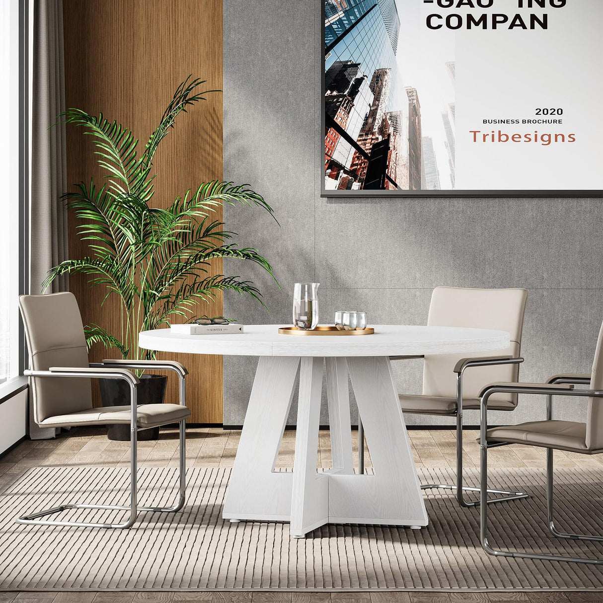 Tribesigns 47-Inch Round Conference Table for 4-6 People, Wooden Meeting Room Table with Thicken Tabletop and Wood Base (White) Tribesigns