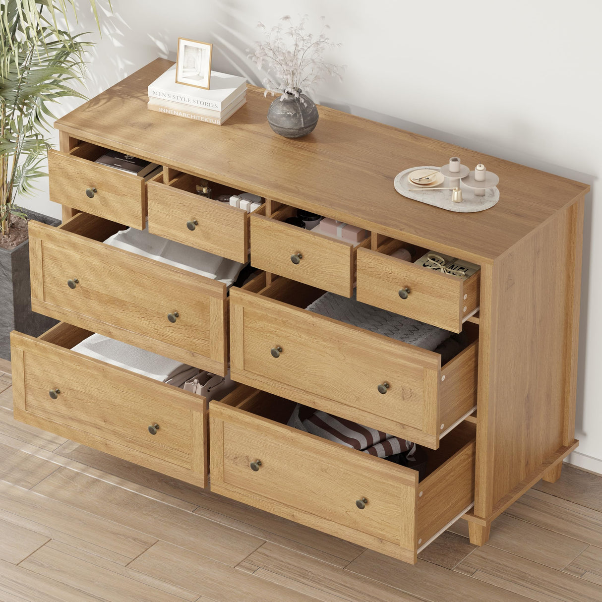 Zenflare Dresser for Bedroom 8 Drawer Wood Dresser 56.3" Wide, Large Storage Chest of Drawers for Bedroom, Living Room, Hallway, Entryway, Modern TV Stand Drawer Organizer, Natural Zenflare