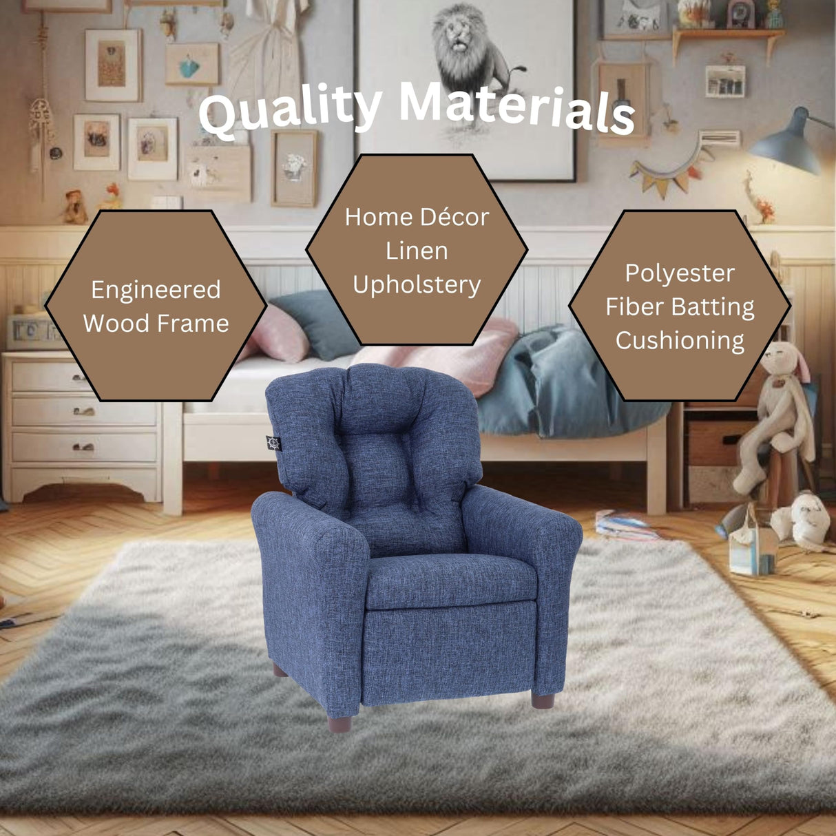 The Crew Furniture Traditional Kids Recliner, Toddler Ages 1-5 Years, Home Décor Polyester Linen, Sapphire The Crew Furniture