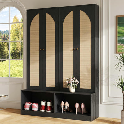 LUMISOL Farmhouse Widen Hall Tree with 4 Rattan Doors for Entryway, 4-in-1 Seating Bench with 6 Hidden Hooks, 78.7”H Entryway Shoe Cabinet with Open Bottom Compartments and Adjustable Shelf, Black