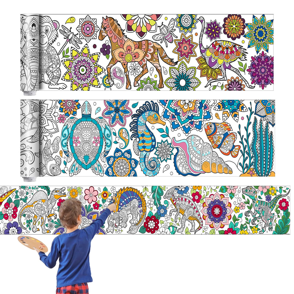 Pasimy 3 Pieces Giant Coloring Posters 11.8 x 118 Inch Mandala Animals Jumbo DIY Drawing Paper Large Coloring Sheets Pages Huge Mandala Drawing Banner for Adult Kids Home Classroom Craft Art Activity Pasimy
