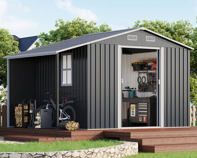 AMERLIFE 10.6x6.8x6.3 FT Galvanized Metal Storage Shed with Open Firewood Bay, Sliding Doors & Ramp, 2 Windows & Vents, Weather-Resistant Outdoor Tool/Garden Shed, Dark Gray