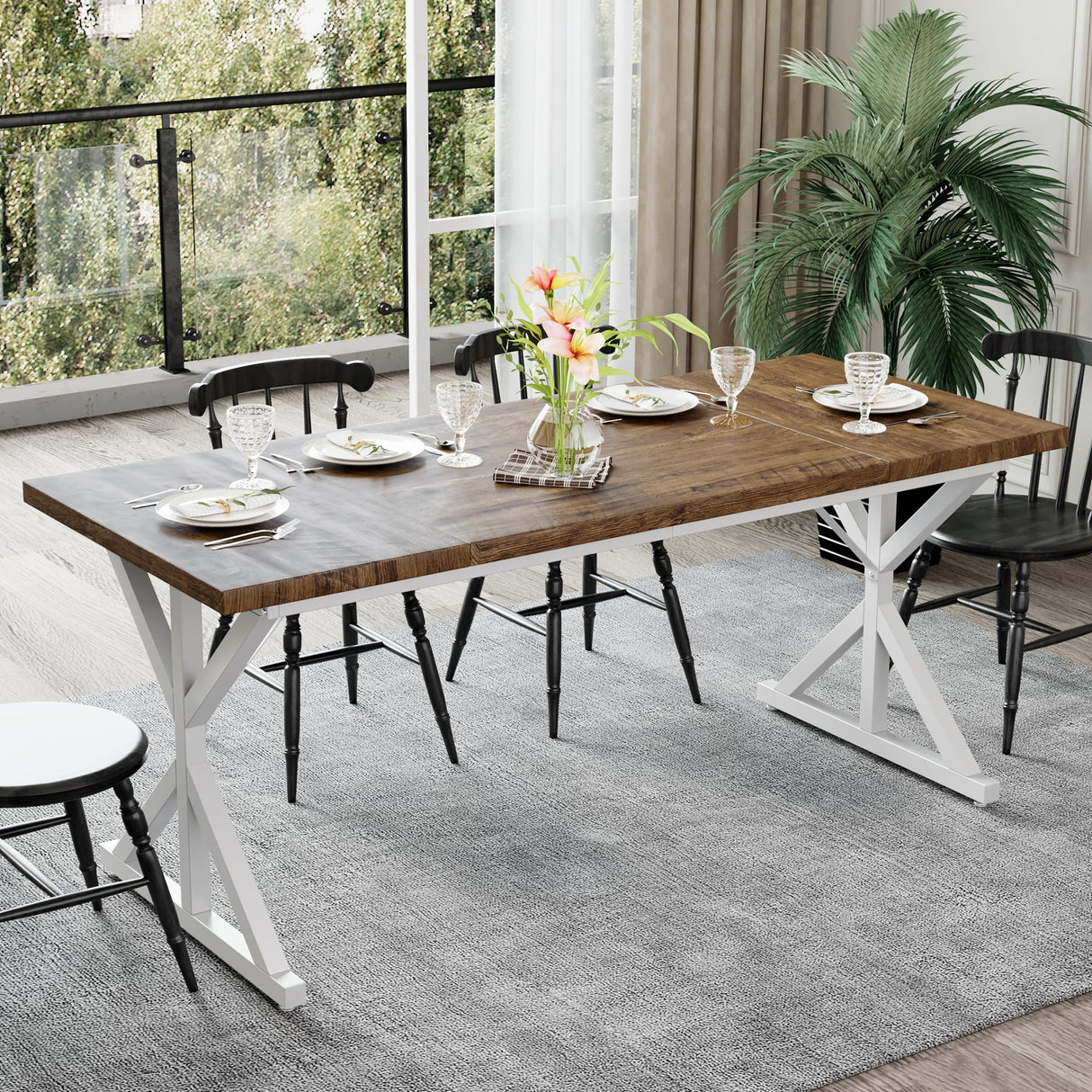 AMICLIBER Farmhouse Dining Table for 6-8 People, 70.8 Inch Rectangular Wood Dining Table, Rustic Kitchen Table with Extra Heavy Duty Metal Legs for Dining Room - Rustic Oak/White AMICLIBER