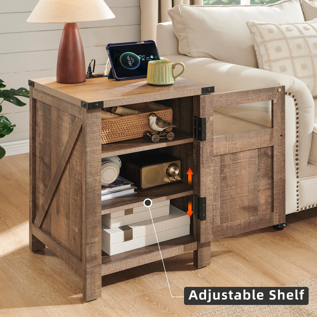 JXQTLINGMU Farmhouse End Table with Charging Station, 18'' Rustic Nightstand with Barn Door & Adjustable Shelf, Wooden Sofa Side Table with 3-Tier Storage for Living Room, Bedroom, Light Brown JXQTLINGMU