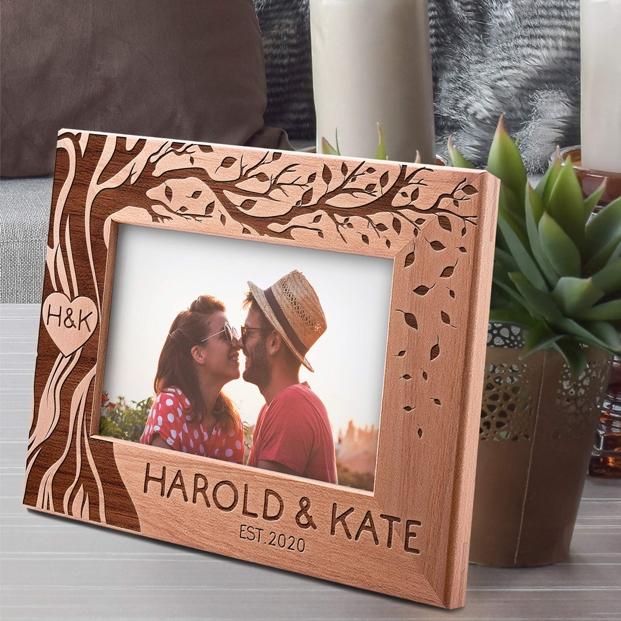 Customization Mill Love Picture Frame Personalized, 5x7 - Couple, Hearth & Your Initials on Tree, Romantic Gifts for Anniversary, Wedding, Engagement Customization Mill