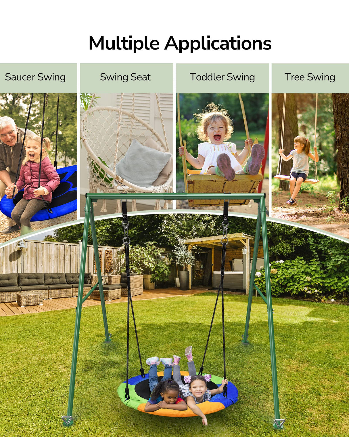 PACEARTH 440lbs Capacity Flying Saucer Swing Set with Heavy Duty A-Frame Metal Swing Stand, Full Steel, Outdoor for Kids, Backyard, Playground, Outdoor PACEARTH