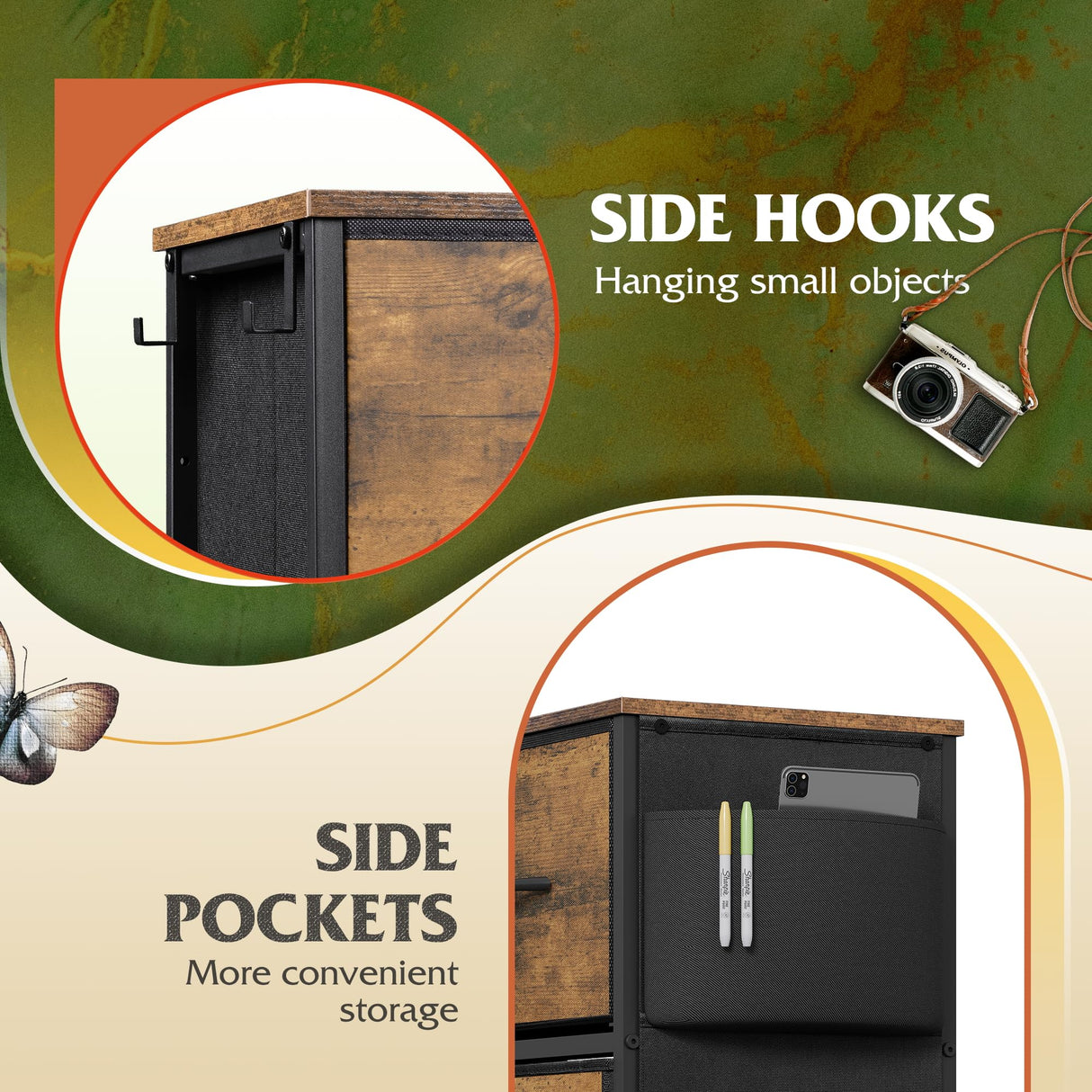 WLIVE Dresser for Bedroom with 10 Drawers, Fabric Dresser Chest of Drawers with Side Pockets and Hooks, Sturdy Metal Frame, Drawers Organizer Unit for Room, Hallway, Rustic Brown Wood Grain Print WLIVE