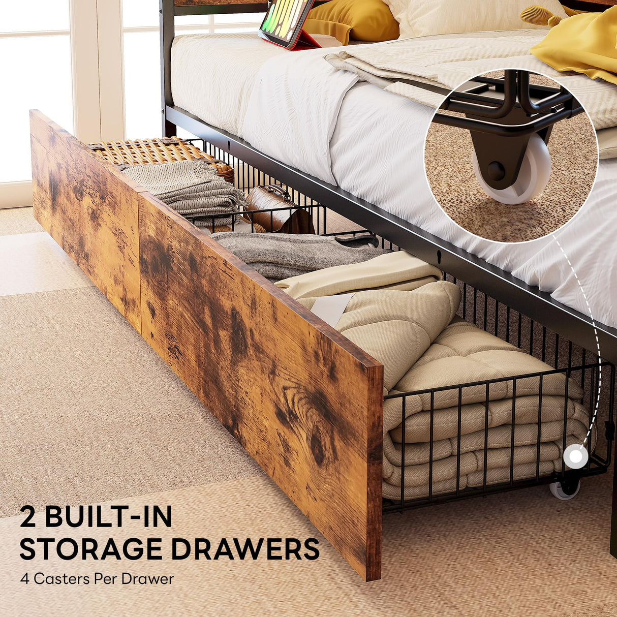 LIKIMIO Twin Daybed with Storage Drawers and Charging Station, Corner Bed Frames with Headboard and LED Lights, Industrial Brown LIKIMIO