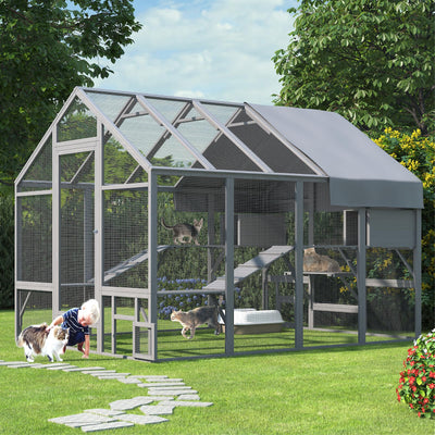 TIMHAKA Catio Outdoor Cat Enclosure, Large Cat Catio for Multiple Cats with 7 Platforms, 2 Resting Box and 2 Bridges, Wooden Cat House Cage with Waterproof and UV Proof Cover, 71 x 71 x 97 inch