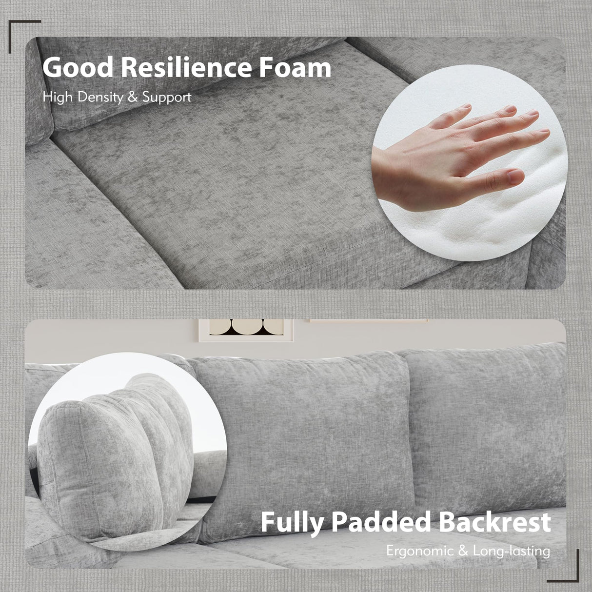 Bezseller 107.3" Sectional Couches for Living Room, U Shaped Modular Sofa Couch with Cushion & Chenille Fabric, 4-Seat Comfy Furniture Sets with Double Chaise for Apartment, Reception Room, Grey Bezseller