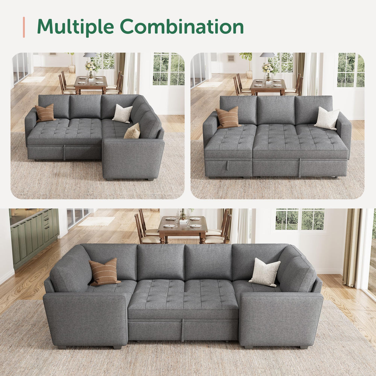 HONBAY Modular Sectional Sleeper Sofa with Pull Out Bed, Pull Out Bed for Sectional Couch, Grey HONBAY