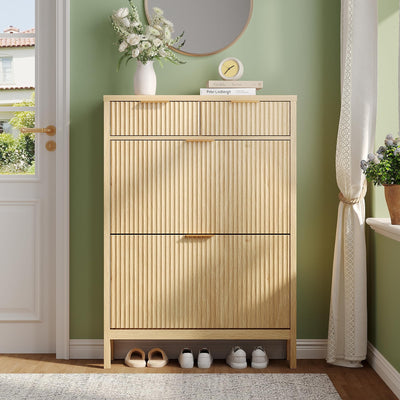 Shoe Storage Cabinet with 2 Flip Drawers,Freestanding Narrow Organizer with Wavy Wood Grain Design Shoe Rack with Adjustable Shelf for Entryway,Hallway,Living Room,Front Door Entrance,Oak Natural
