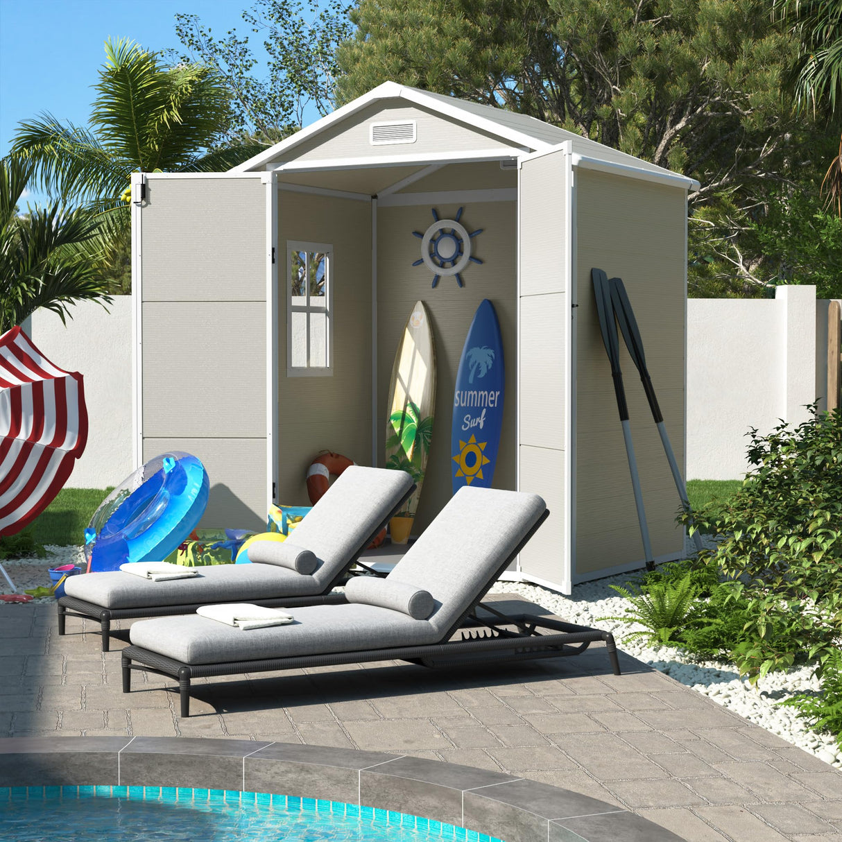 UDPATIO Outdoor Storage Shed 6x4.5 FT, Plastic Resin Outside Sheds & Outdoor Storage for Trash Can, Bike, Lawnmower, Generator, Tool Shed with Lockable Door for Backyard, Lawn, Patio, Sandstone UDPATIO