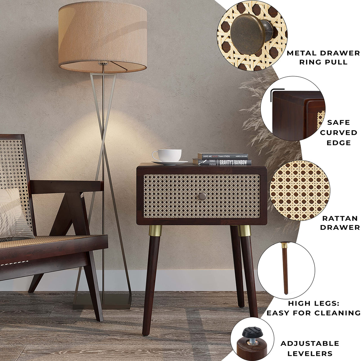 Bme Nipe Solid Wood and Rattan Boho Nightstand with Drawer, Walnut Finish Bme