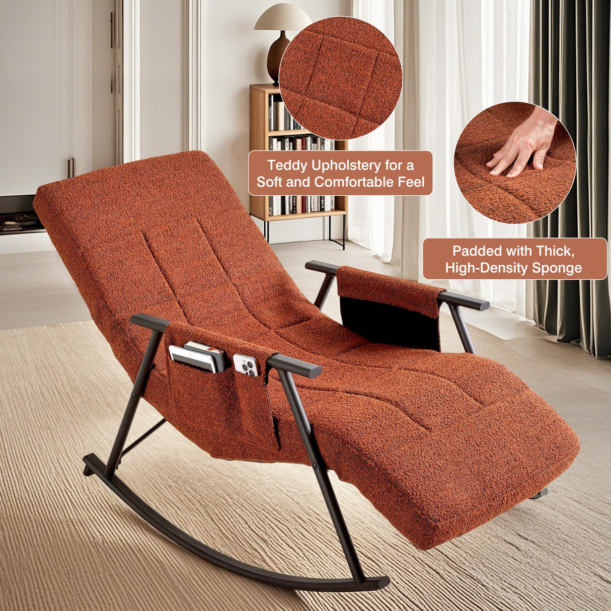 VECELO High Back Nursery Rocking Chair with Foot Rest, Teddy Upholstered Reclining Glider Rocker, Comfy Armchair Padded Seat Removable Side Pockets for Living Room, Bedroom, Balcony VECELO