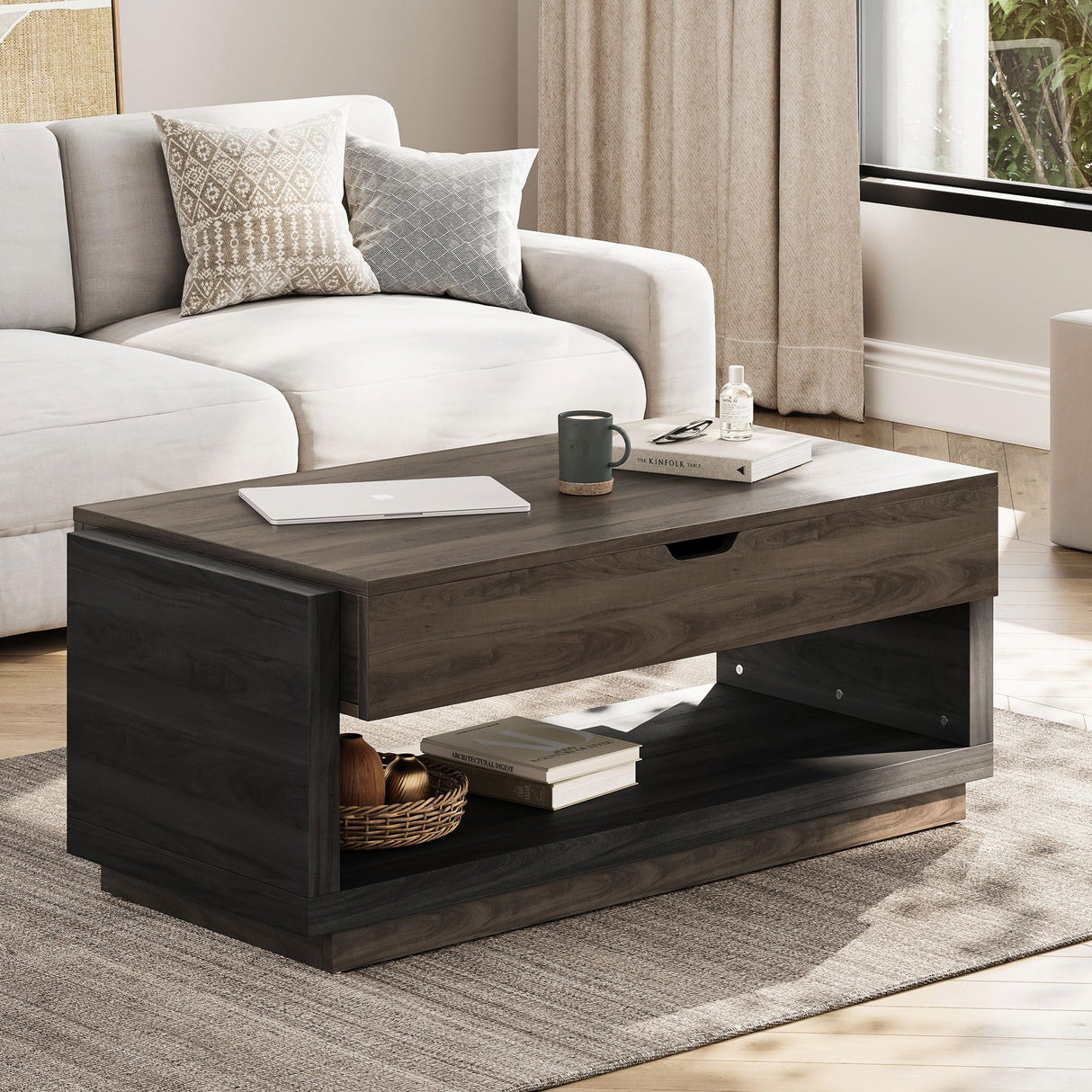 BELLEZE Coffee Table, Lift Top Coffee Table with Hidden Compartment and Open Storage Shelf, Central Table for Living Room, Home Office - Brown BELLEZE