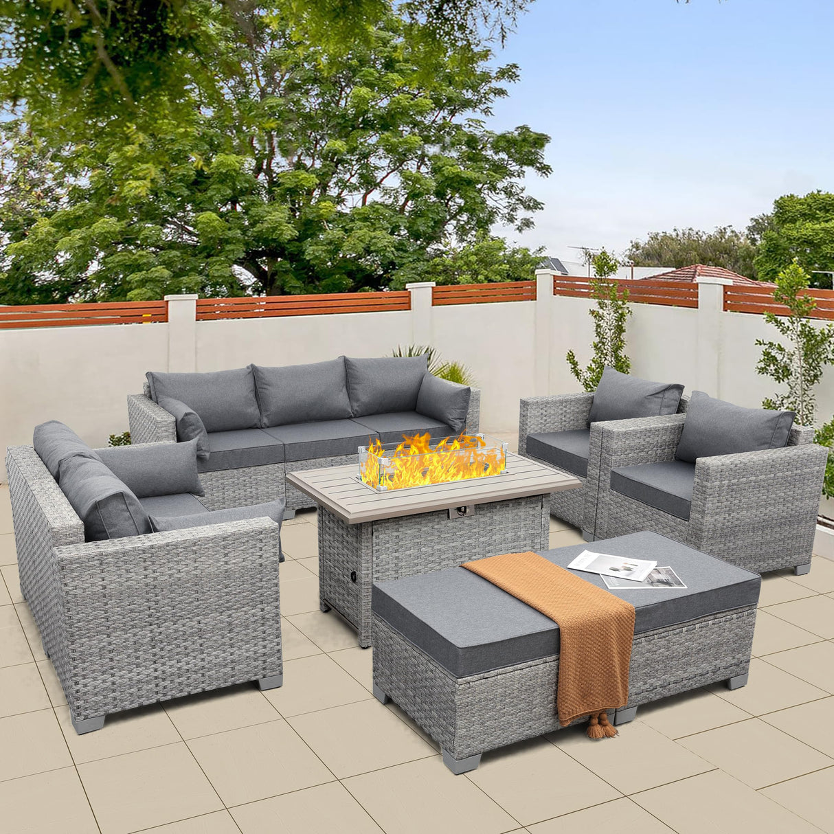 WAROOM Patio Furniture Set Gray Rattan 7 Pieces Outdoor Sectional Sofa PE Wicker Conversation Chairs with Propane Fire Pit Table and Non-Slip Thick Grey Cushion WAROOM
