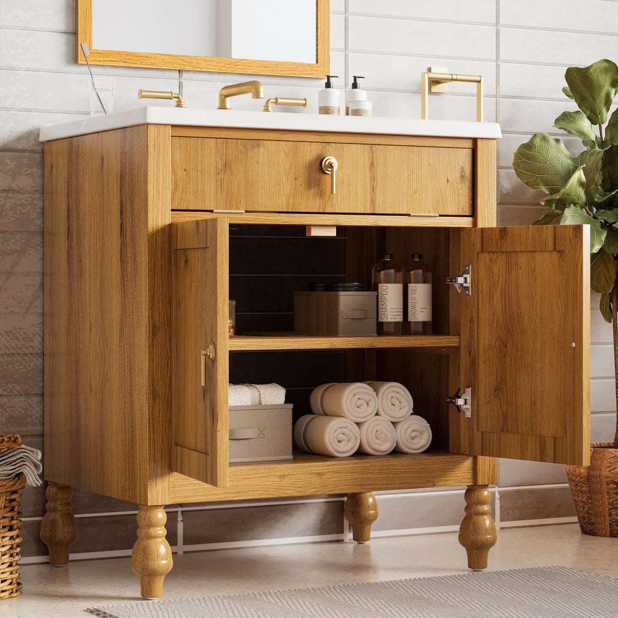 Merax 30-Inch Walnut Bathroom Vanity with Seashell Resin Sink, Soft-Close Doors and Flip-Up Storage for Bathroom, Brown Merax