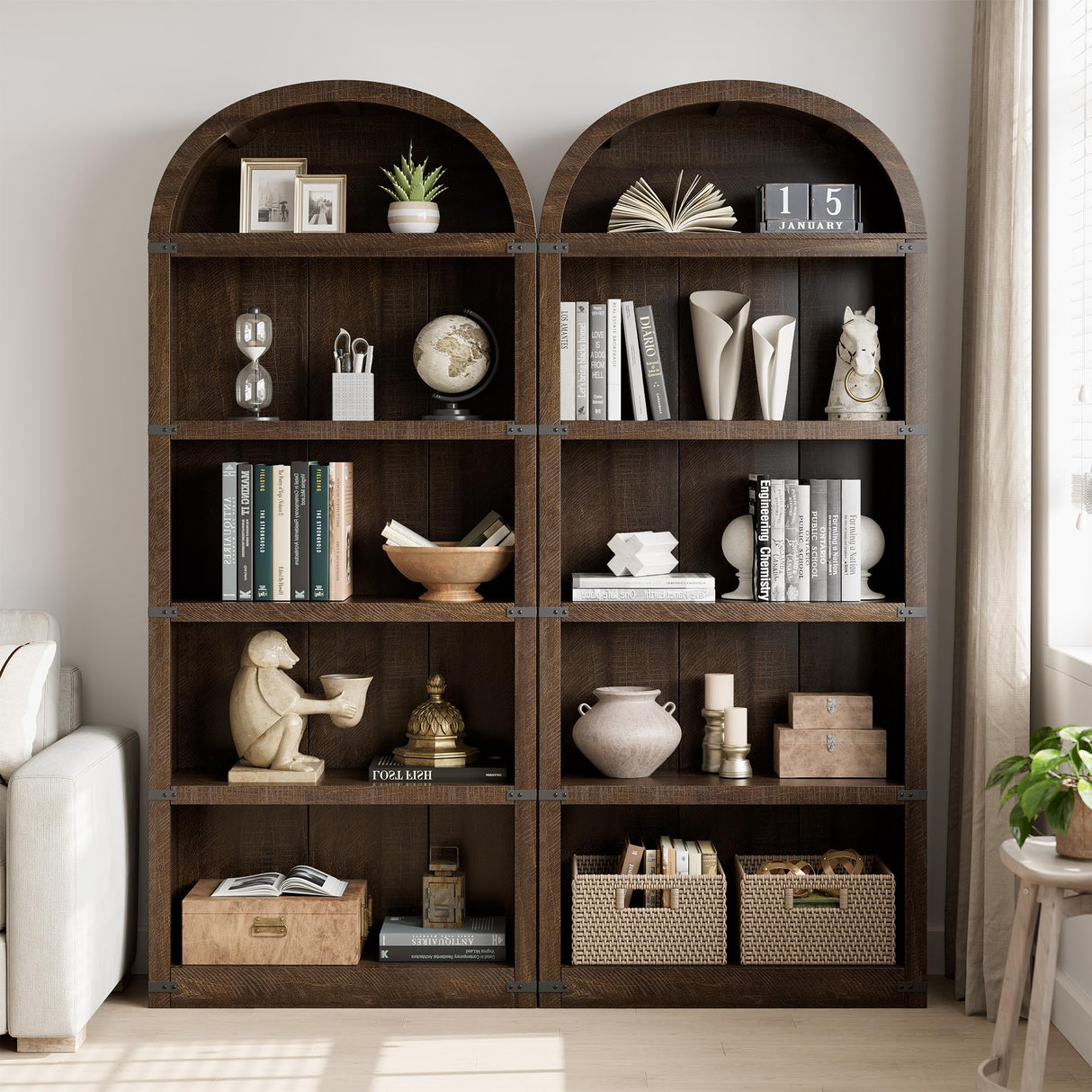 GarveeHome Bookcase 5 Shelf Arched Bookshelf 71.65in Tall Bookcase Farmhouse Display Storage Rack Wooden Bookshelves for Home Office, Living Room (Brown) GarveeHome