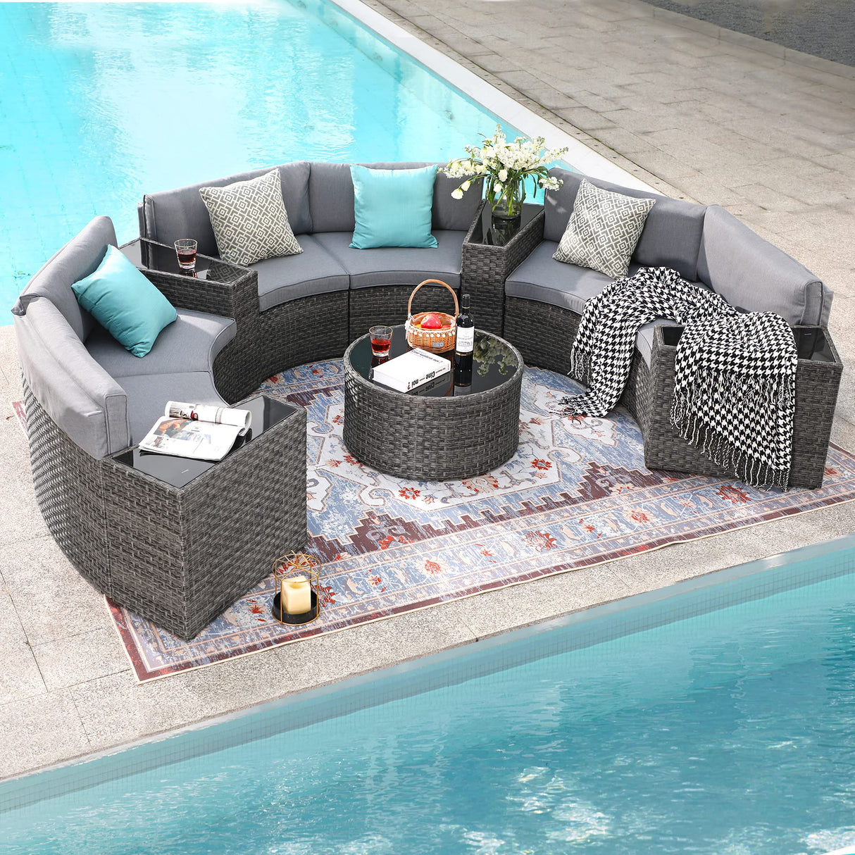 SUNSITT Outdoor Patio Furniture 11-Piece Half-Moon Sectional Round Set Curved Sofa with Tempered Glass Coffee Table, 4 Pillows, Grey Rattan SUNSITT