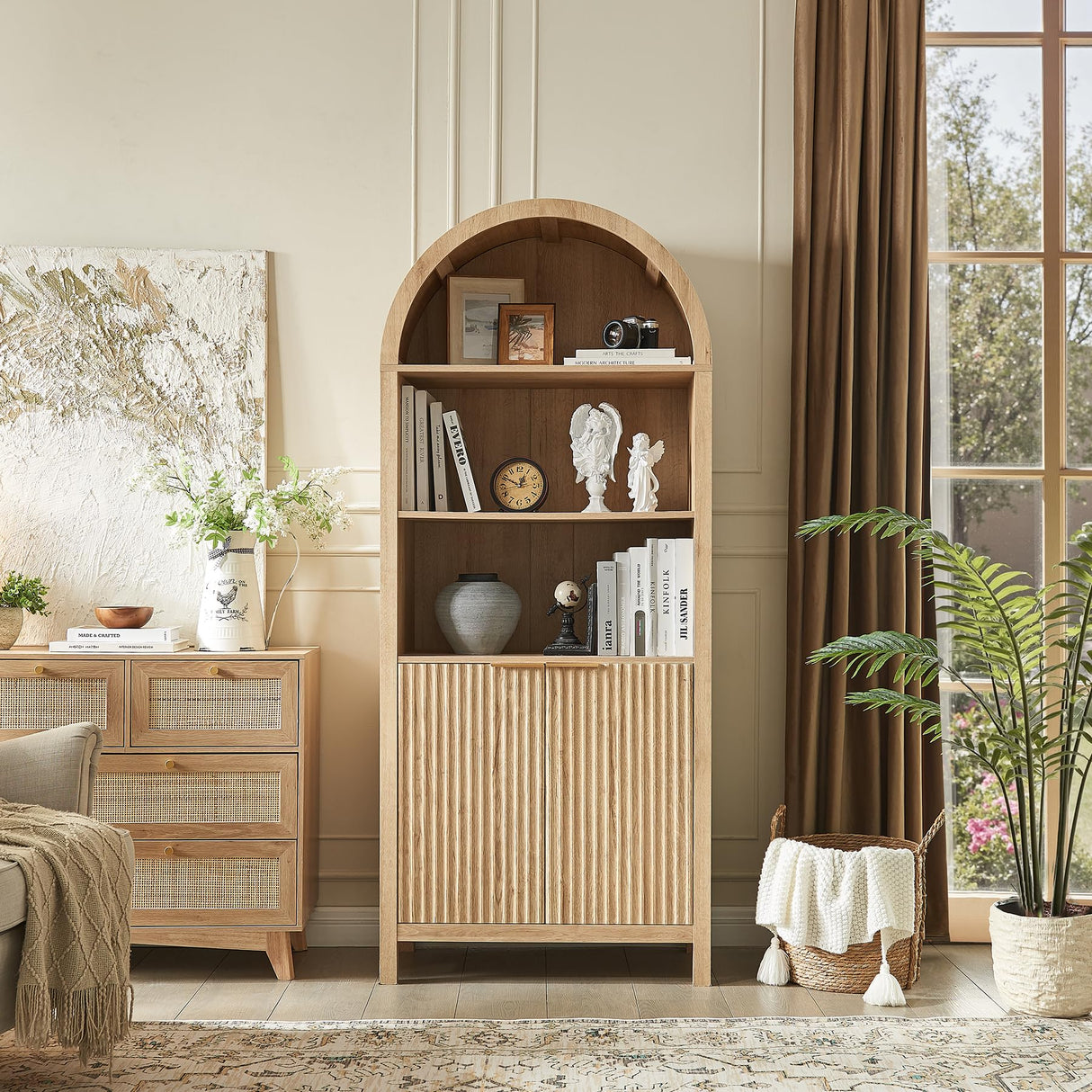 WINWY Arched Cabinet Bookshelf Bookcase - 71” Tall Mid Century Arched Display Cabinets, Rounded Bookshelf with Fluted Doors, Open Shelf Storage Cabinet for Dining Room (Natural) WINWY