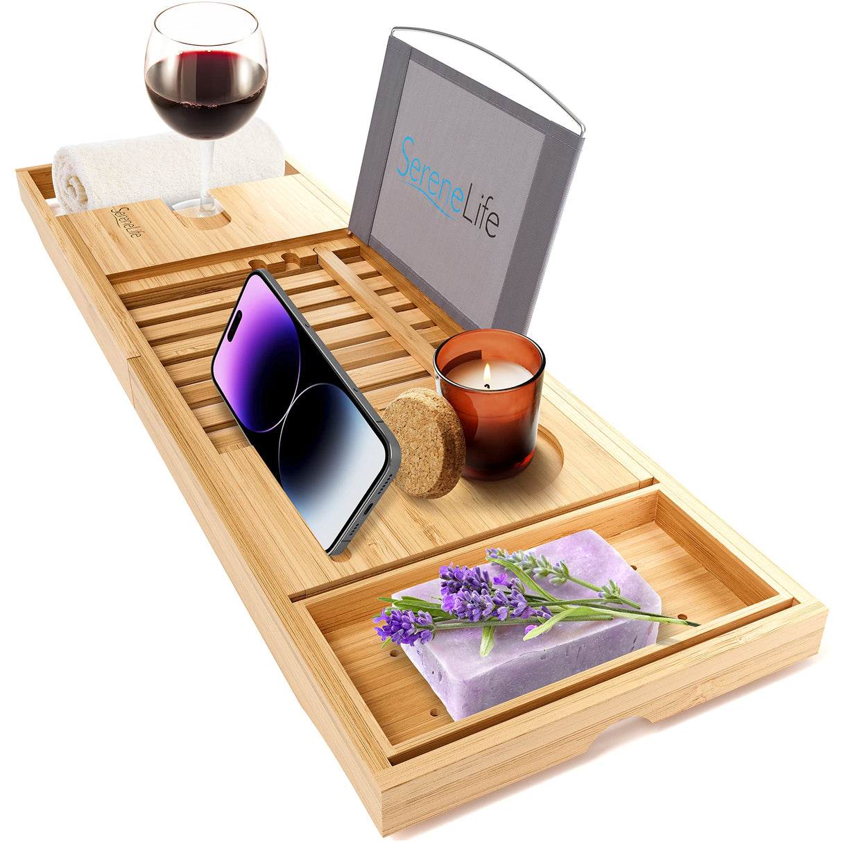 SereneLife Luxury Bamboo Bathtub Caddy Tray - Adjustable Natural Wood Bath Tub Organizer with Wine Holder, Cup Placement, Soap Dish, Book Space & Phone Slot for Spa, Bathroom & Shower SLBCAD20 SereneLife