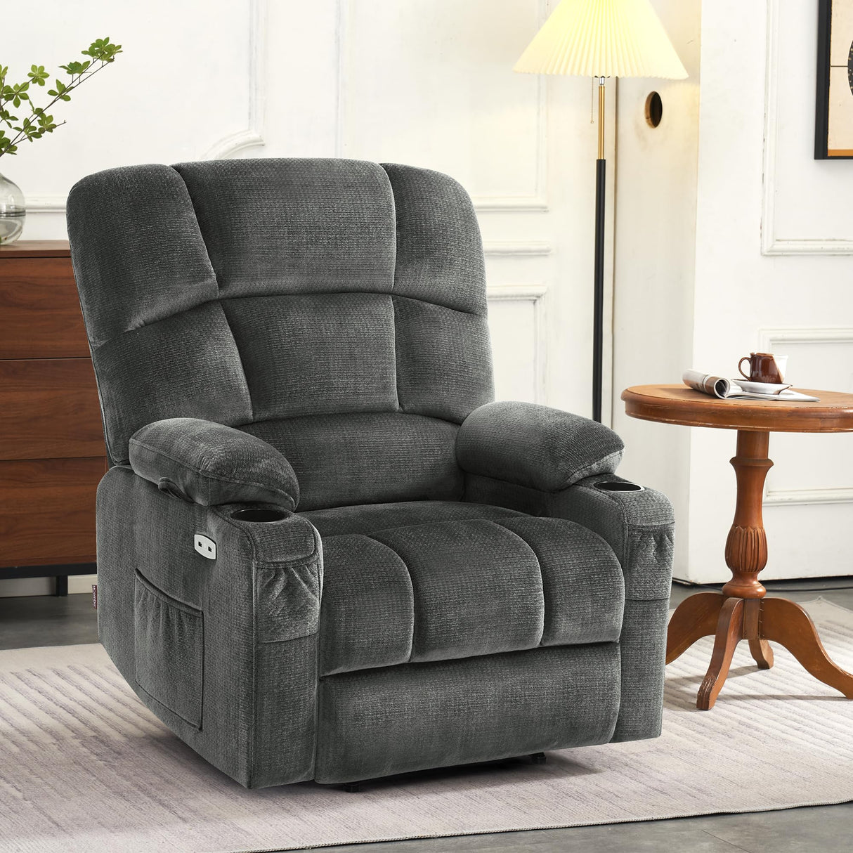 MCombo Oversized Dual Motor Power Lift Recliner Chair Sofa with Massage and Heat for Big Elderly People, Infinite Position, USB Ports, Fabric R7688 (Grey, Large-Oversize) MCombo