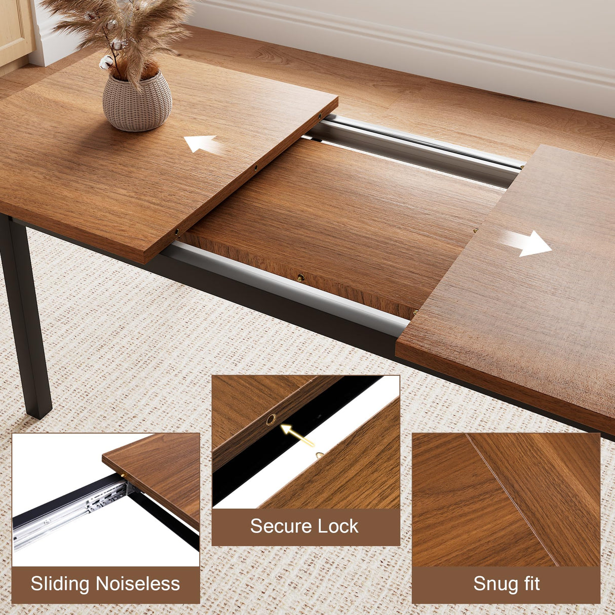 Einhomn 5 Pieces Dining Room Table Set for 4-6, 63" Extendable Kitchen Table Set with 2 Benches & 2 Stools, Small Dining Table Set with Metal Frame & MDF Board, Walnut Einhomn