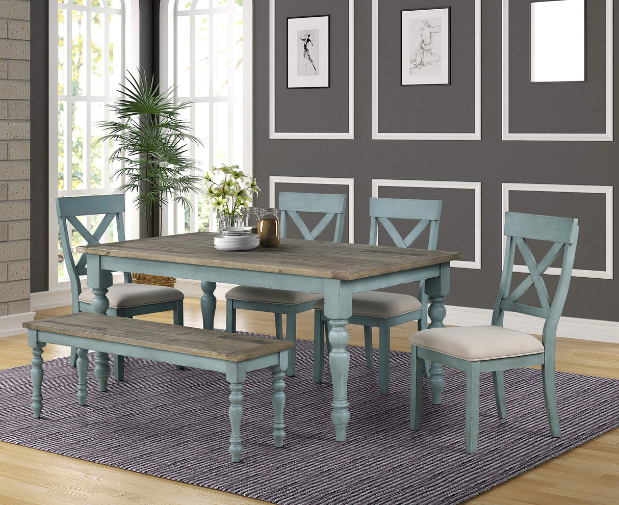 Roundhill Furniture Prato 6-Piece Dining Set, Dining Table with 4 Cross Back Chairs and Bench, Antique Blue and Distressed Walnut Finish Roundhill Furniture