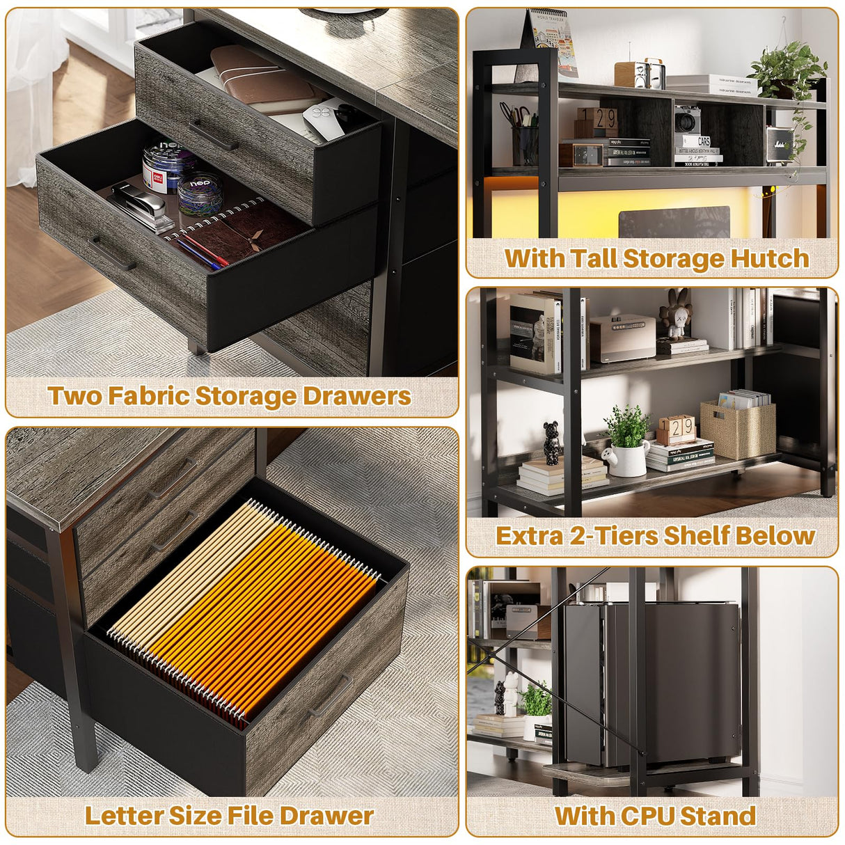 Aheaplus L Shaped Desk with Hutch, Gaming Desk with Led Lights, Reversible Computer Desk with Power Outlet, Corner Desk with File Drawer & Monitor Stand, Storage Shelves for Home Office, Black Oak Aheaplus