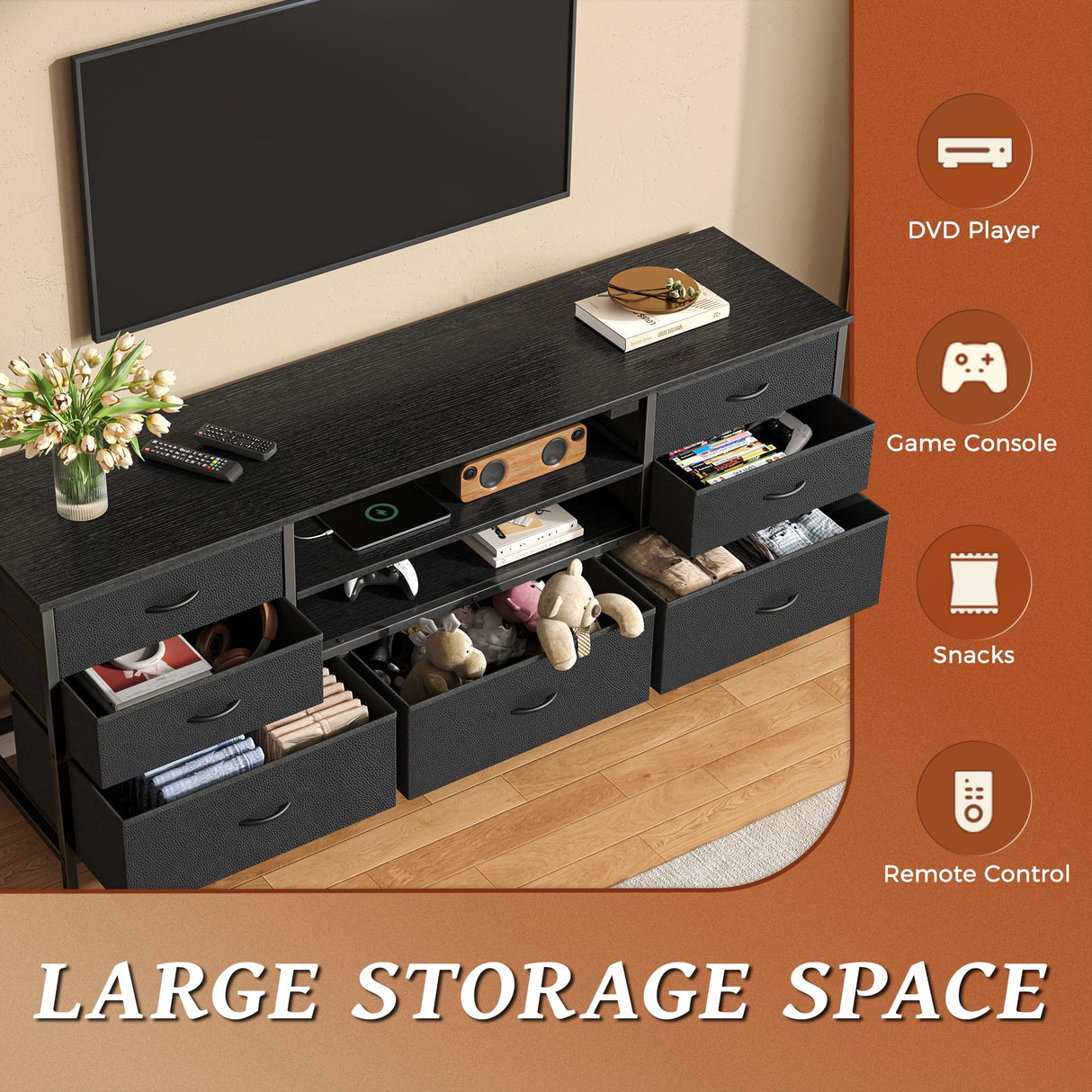 Huuger Dresser for Bedroom With Power Outlets and LED Lights, 7 Drawers TV Stand for 60 Inch TV, Console With Open Shelf, 55 Inches Wide Black, PU Leather Huuger