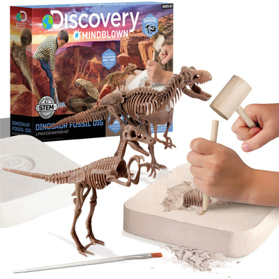 Discovery™ Dinosaur Fossil Dig Excavation Kit, 15-Piece T-Rex & 10-Piece Velociraptor, 3D Skeleton Puzzle Display Models, Includes Tools & Safety Glasses, Jurassic Dino Toy for Kids