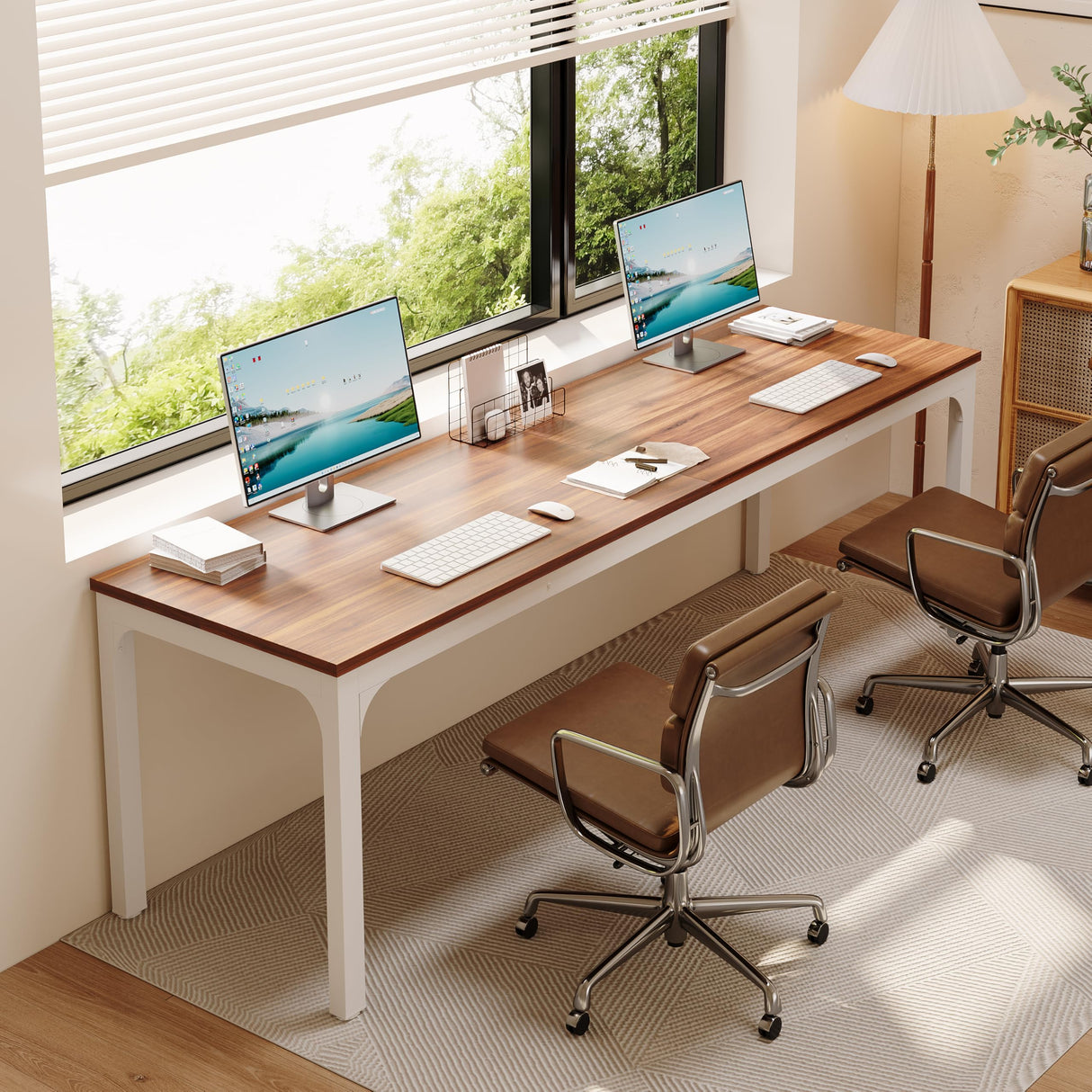 LITTLE TREE 78.7-Inch Ultra Long Double Desk, Writing Gaming Work Computer Two-Person Desk for Home Office, Walnut + White LITTLE TREE